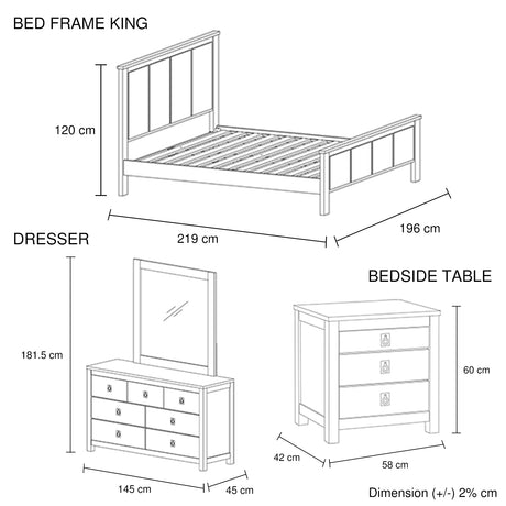 4 Pieces Bedroom Suite with Solid Acacia Wood Veneered Construction in King Size White Ash Colour Bed, Bedside Table & Dresser