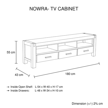 TV Cabinet with 3 Storage Drawers with Shelf Solid Acacia Wooden Frame Entertainment Unit in Chocolate Colour