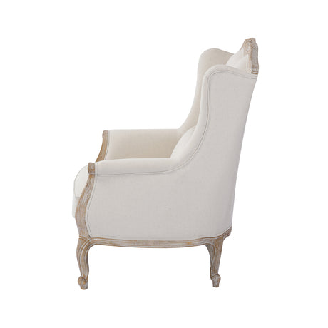 Wing Chair Linen Fabric Oak Wood White Washed Finish Rolled Armrest