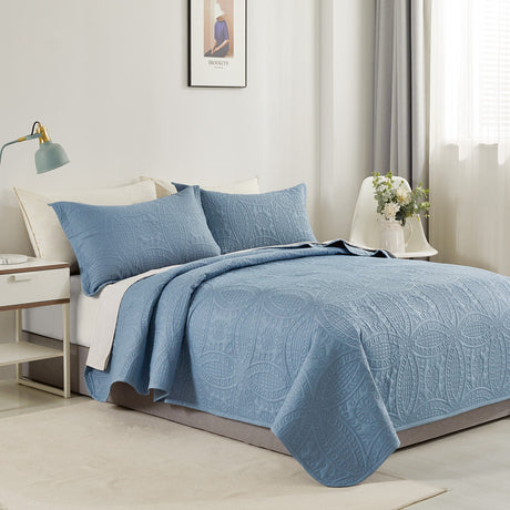 Lisbon Quilted 3 Pieces Embossed Coverlet Set-queen/double blue