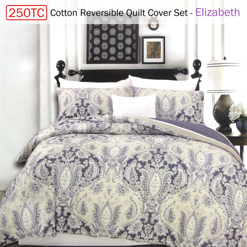 250TC Cotton Reversible Quilt Cover Set Elizabeth Queen