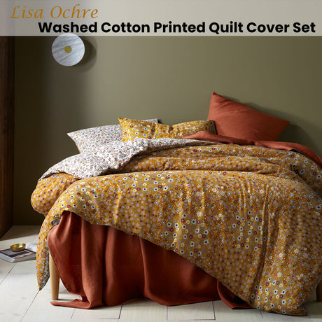 Accessorize Lisa Ochre Washed Cotton Printed Quilt Cover Set Queen