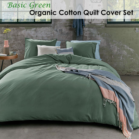 Bedding House Organic Cotton Basic Green Quilt Cover Set Super King