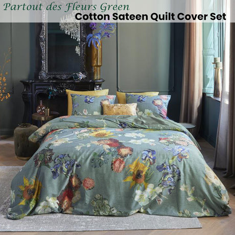 Bedding House Van Gogh Partout des Fleurs Green Cotton Sateen Quilt Cover Set Queen