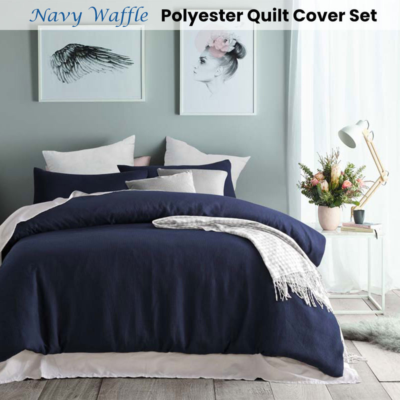 Accessorize Navy Waffle Polyester Quilt Cover Set Queen