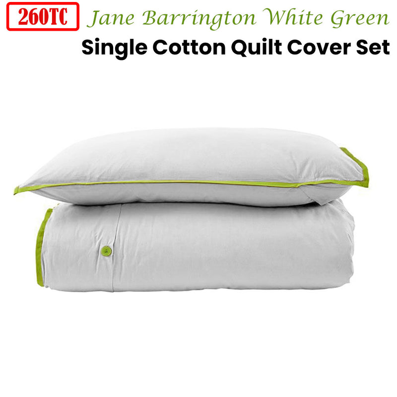 260TC 100% Cotton Quilt Cover Set Single White Green