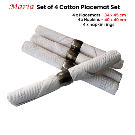 Set of 4 Maria Cotton Placemats with Napkins and Napkin Rings White