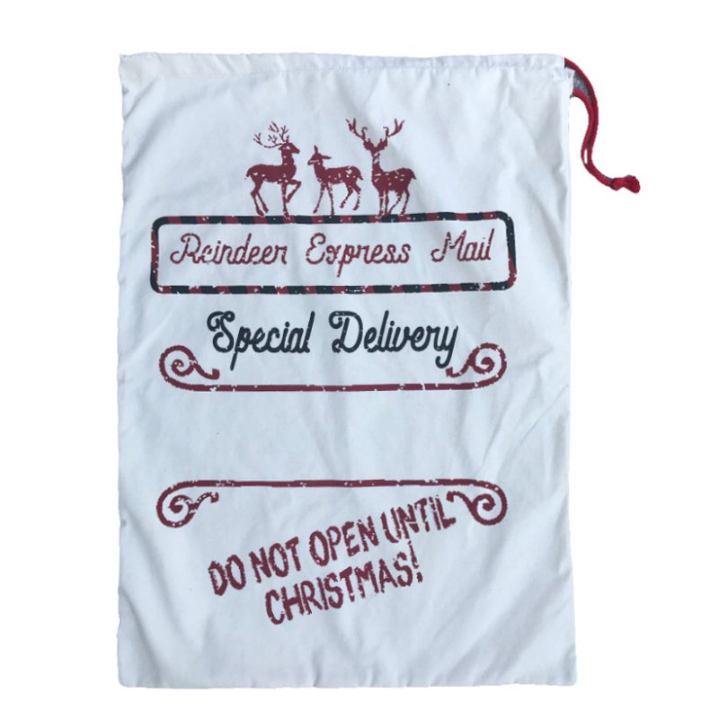 50x70cm Canvas Hessian Christmas Santa Sack Xmas Stocking Reindeer Kids Gift Bag, Cream - Reindeer Express Mail