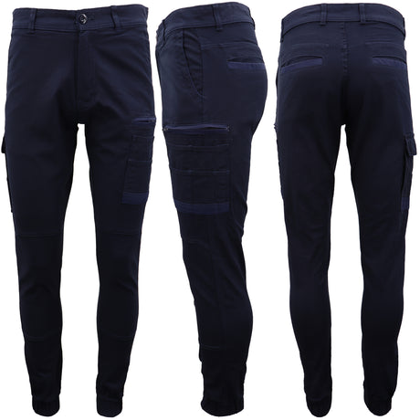 Men's Cargo Cotton Drill Work Pants UPF 50+ 13 Pockets Tradies Workwear Trousers, Navy, 32