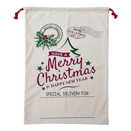 50x70cm Canvas Hessian Christmas Santa Sack Xmas Stocking Reindeer Kids Gift Bag, Cream - Happy New Year