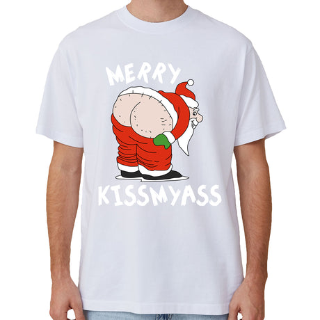 100% Cotton Christmas T-shirt Adult Unisex Tee Tops Funny Santa Party Custume, Merry Kissmyass (White), XL