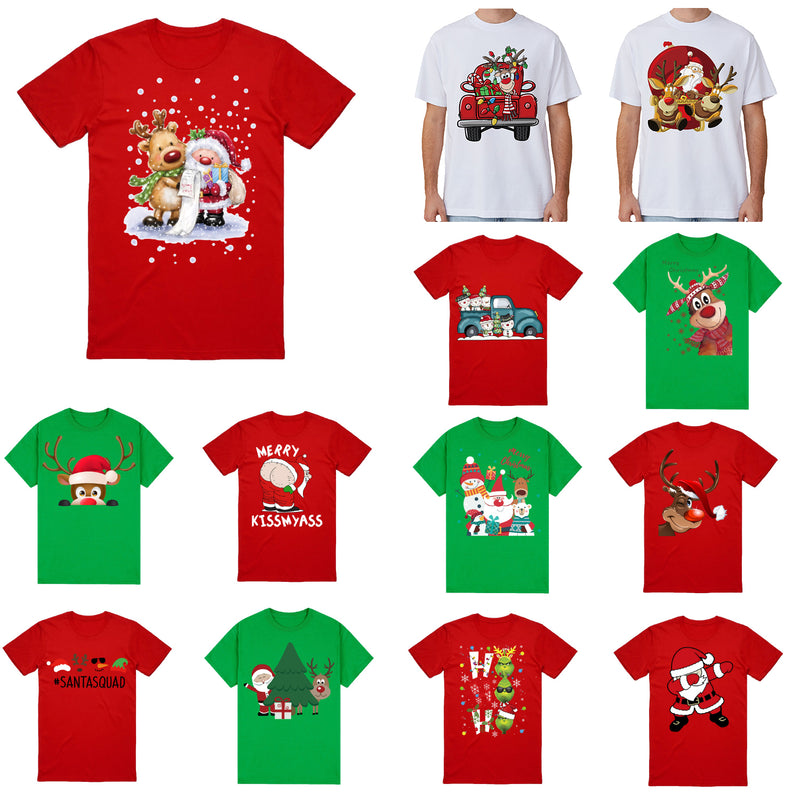 100% Cotton Christmas T-shirt Adult Unisex Tee Tops Funny Santa Party Custume, Car with Reindeer (White), M