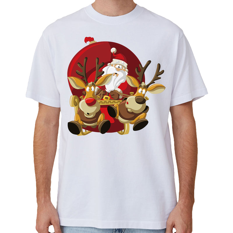 100% Cotton Christmas T-shirt Adult Unisex Tee Tops Funny Santa Party Custume, Santas Sleigh (White), M