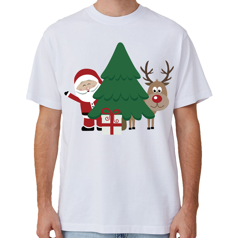 100% Cotton Christmas T-shirt Adult Unisex Tee Tops Funny Santa Party Custume, Santa with Tree (White), M