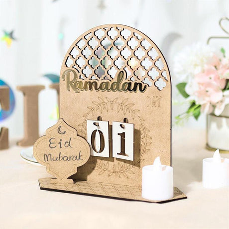 Wooden Eid Ramadan Countdown Calendar Ornament DIY Wood Crafts Party Decor #T