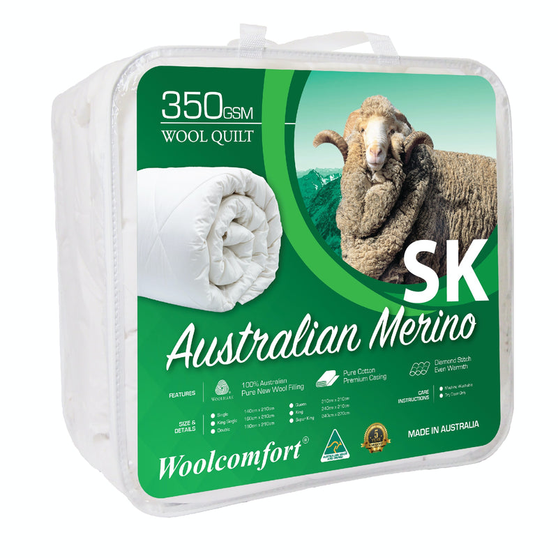 Woolcomfort Aus Made Merino Wool Quilt 350GSM 270x240cm Super King Size