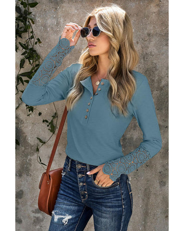 Azura Exchange Lace Hem Sleeve Button Top - L