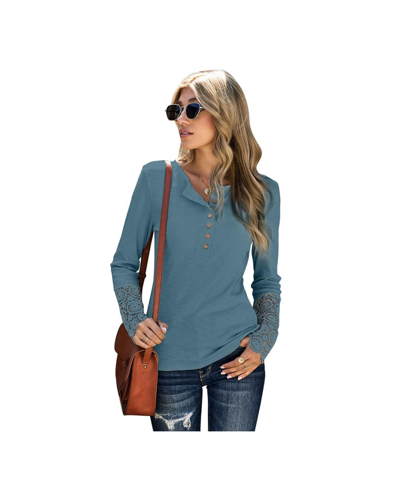 Azura Exchange Lace Hem Sleeve Button Top - M