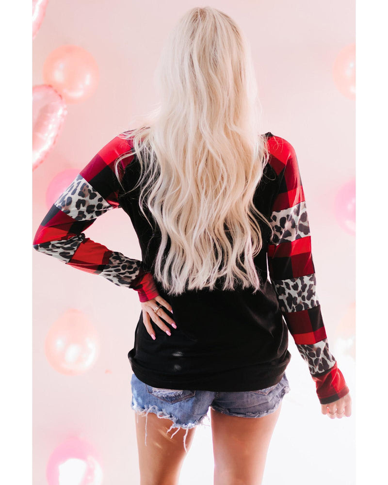 Azura Exchange Heart Print Plaid Leopard Joint Sleeve Blouse