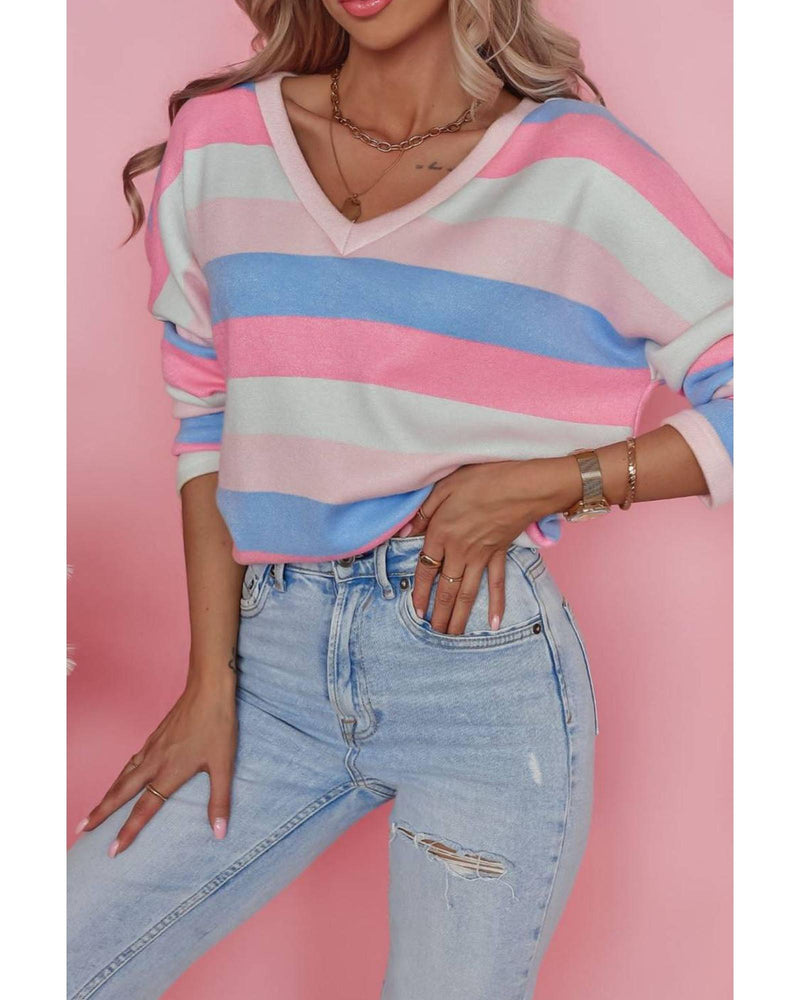 Azura Exchange Striped V Neck Long Sleeve Top - L