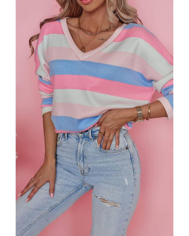 Azura Exchange Striped V Neck Long Sleeve Top - M