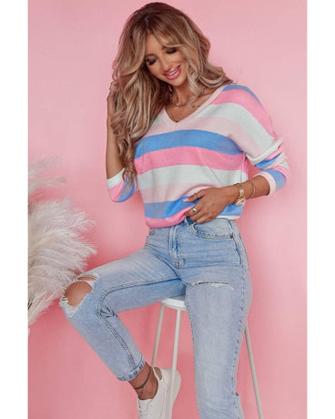 Azura Exchange Striped V Neck Long Sleeve Top - M