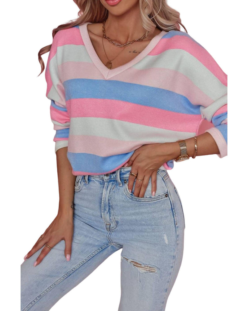 Azura Exchange Striped V Neck Long Sleeve Top - M