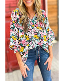 Azura Exchange Floral Notched V-Neck Puff Sleeve Blouse - L