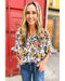 Azura Exchange Floral Notched V-Neck Puff Sleeve Blouse - L