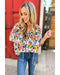 Azura Exchange Floral Notched V-Neck Puff Sleeve Blouse - L