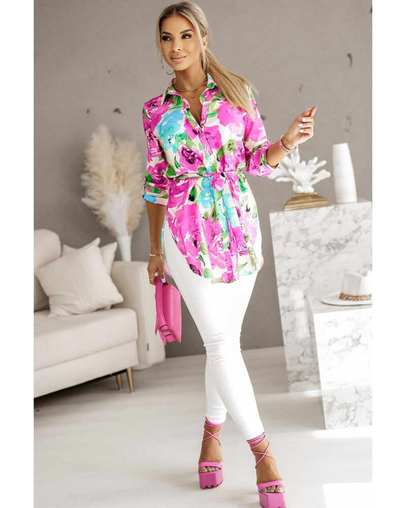 Azura Exchange Floral Print Lace-up Tunic Shirt - M