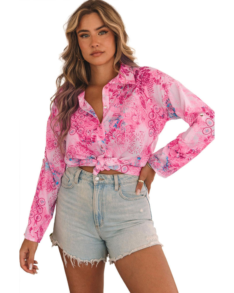 Azura Exchange Floral Roll-tab Sleeve Shirt - XL