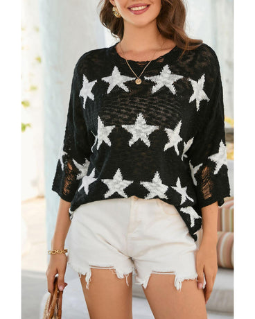 Azura Exchange Half Sleeve Distressed Knit Top with Star Print - L