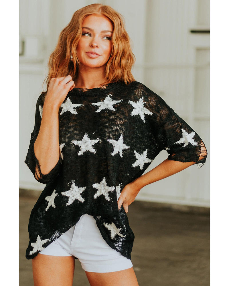 Azura Exchange Half Sleeve Distressed Knit Top with Star Print - L