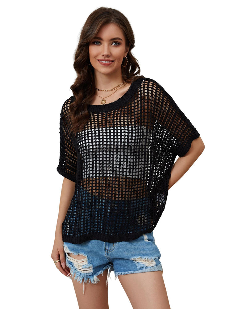 Azura Exchange Fishnet Knit Ribbed Short Sleeve Sweater Tee - 2XL