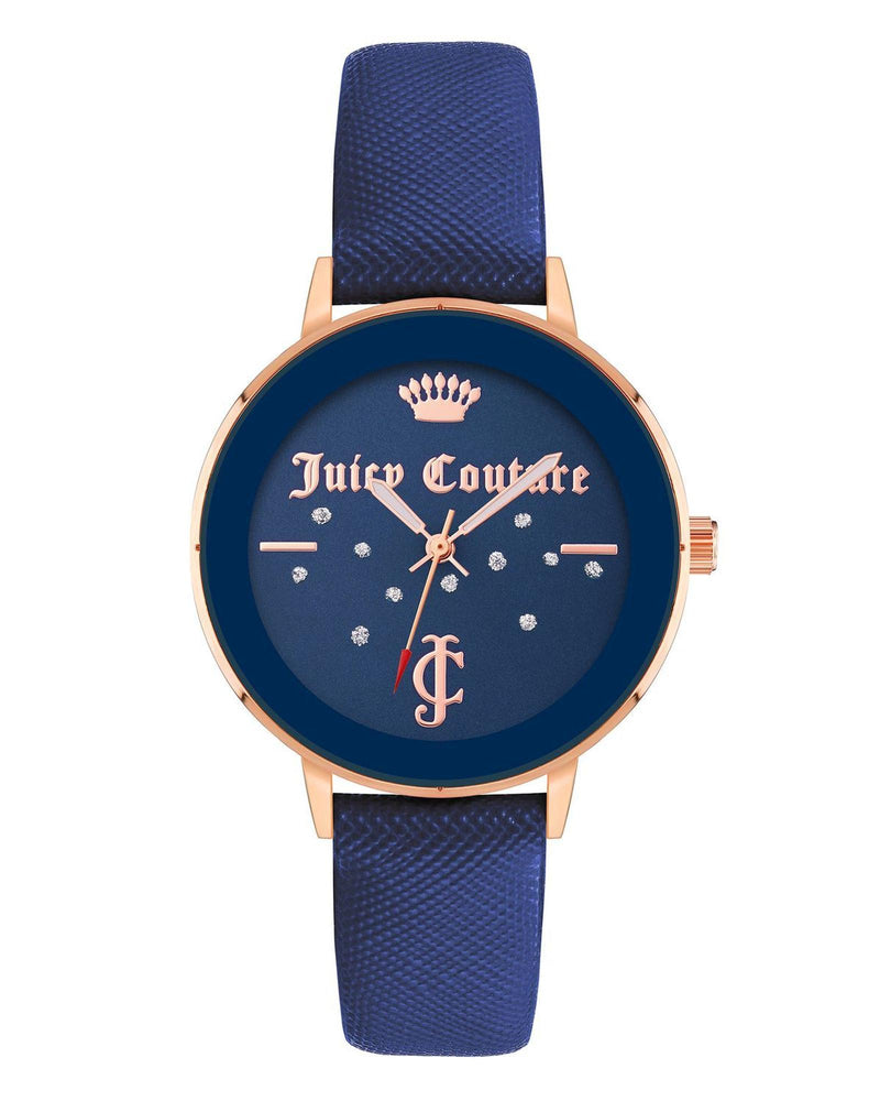 Rose Gold Analog Rhinestone Fashion Watch with Blue Leatherette Strap One Size Women