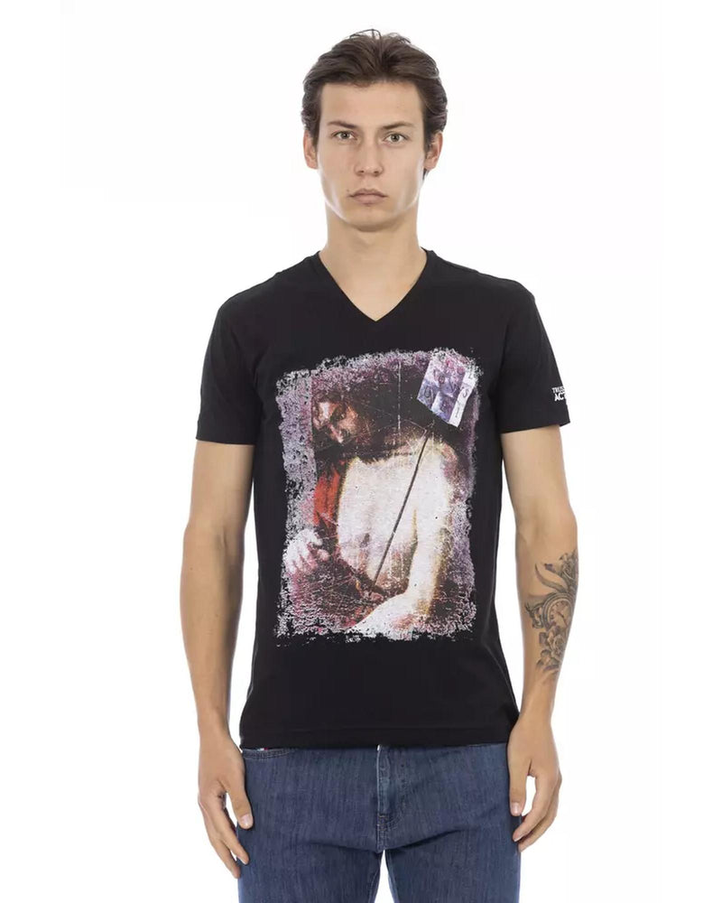 V-neck Short Sleeve T-shirt with Front Print 3XL Men