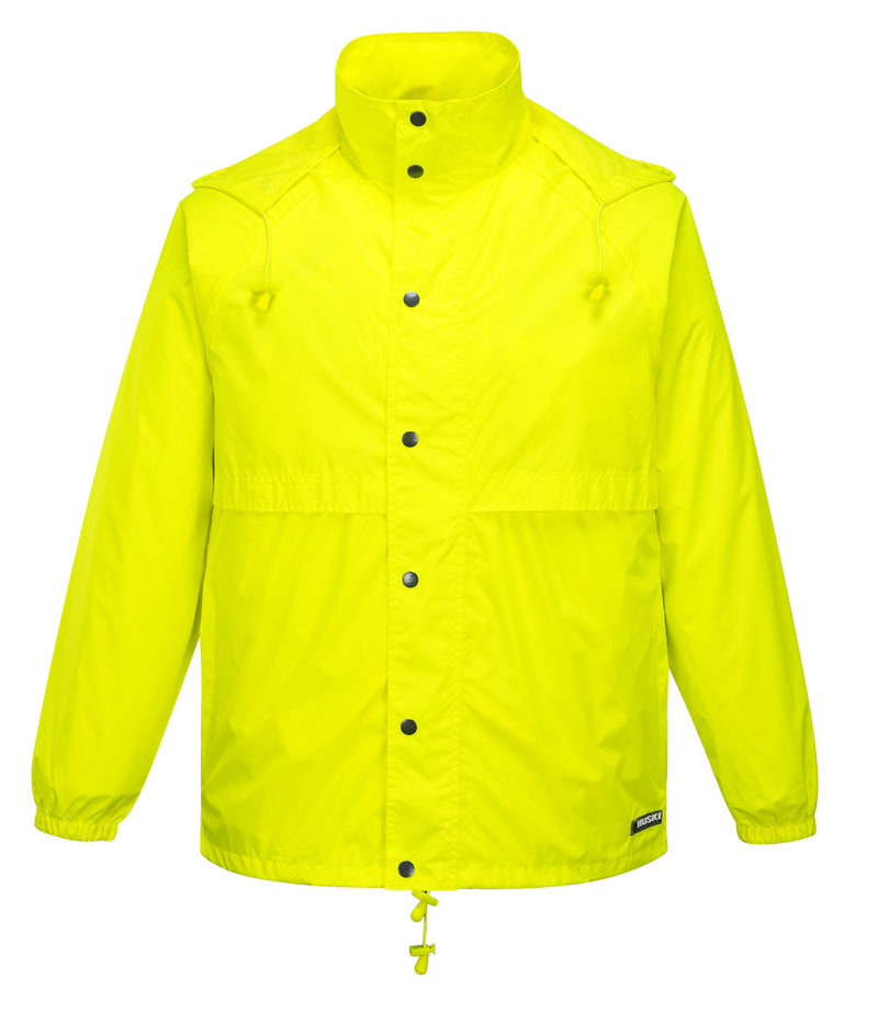 HUSKI STRATUS RAIN JACKET Waterproof Workwear Concealed Hood Windproof Packable - Yellow Fluro - XL