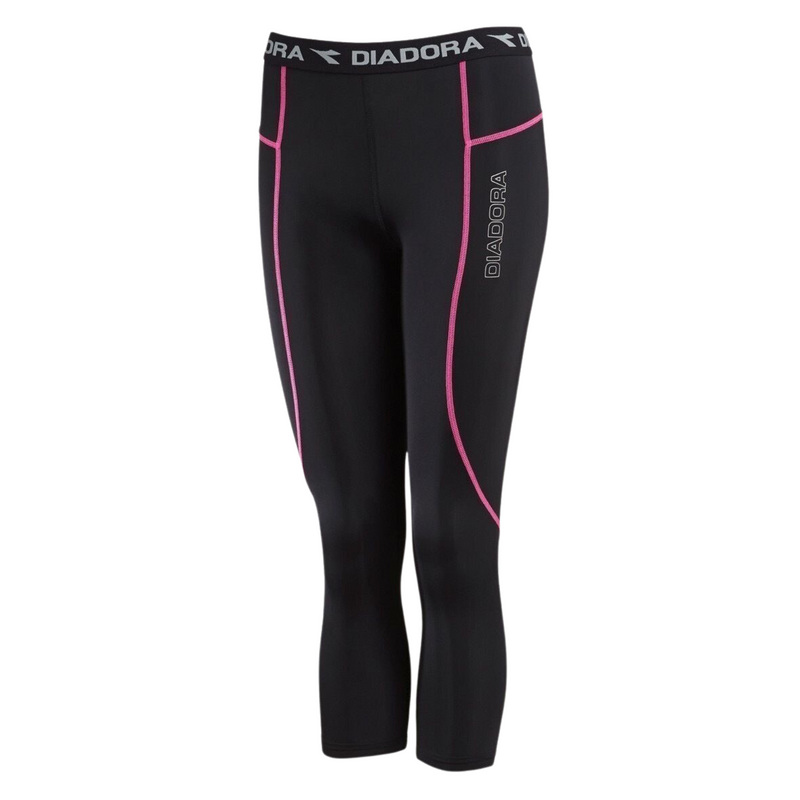 Diadora Ladies Compression Sports 3/4 Tights Gym Yoga - Black/Pink