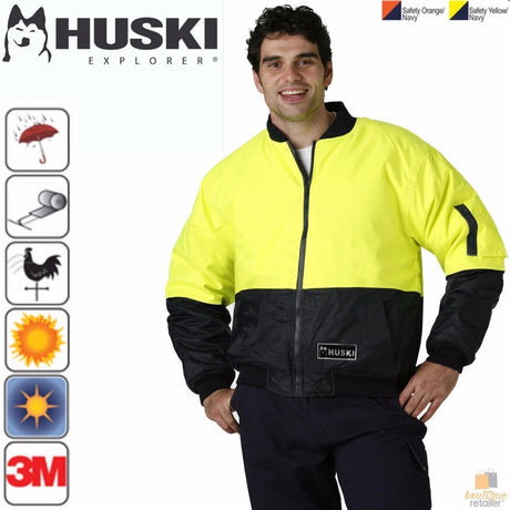 HUSKI 3M Flyer Fully Waterproof Bomber Jacket Hi Vis Work Quilted Lining