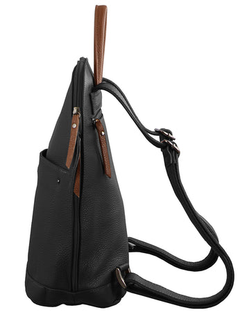 Milleni Ladies Genuine Italian Leather Backpack Bag Twin Zip - Black/Cognac