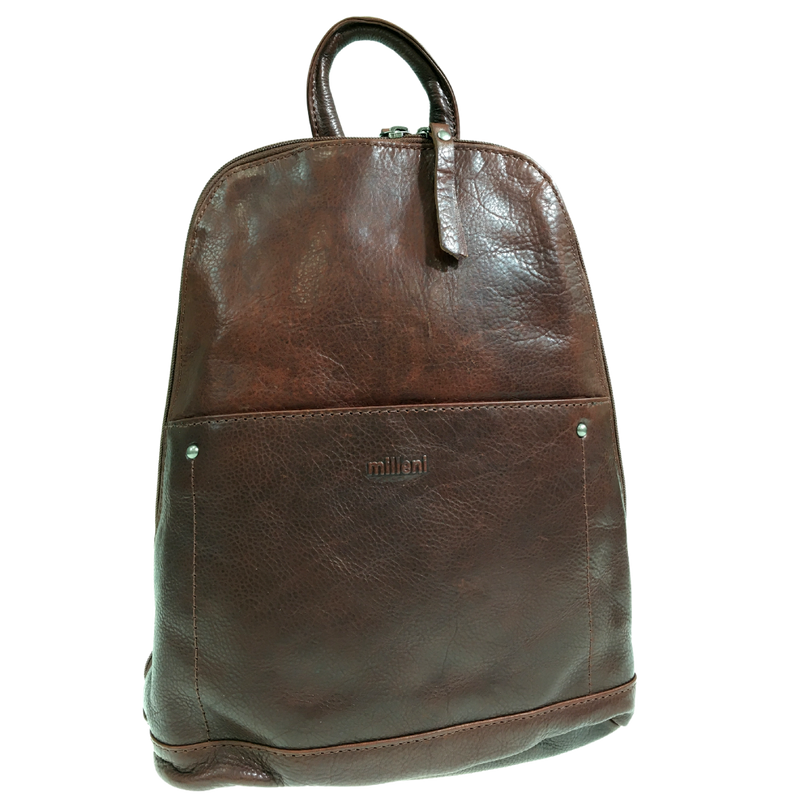 Milleni Ladies Genuine Italian Leather Backpack Bag Twin Zip - Chestnut