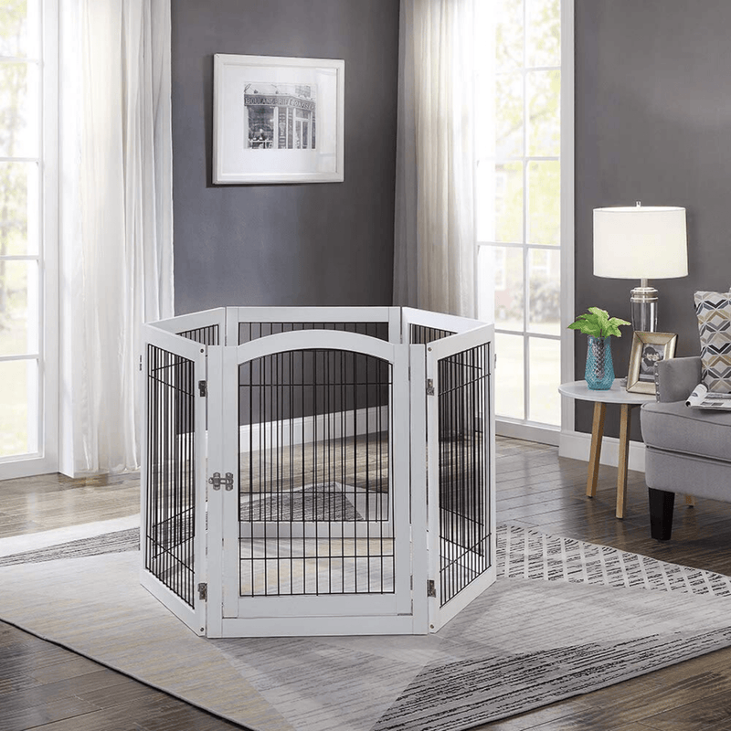 Wooden Dog Pen and Six Panel Pet Gate, White