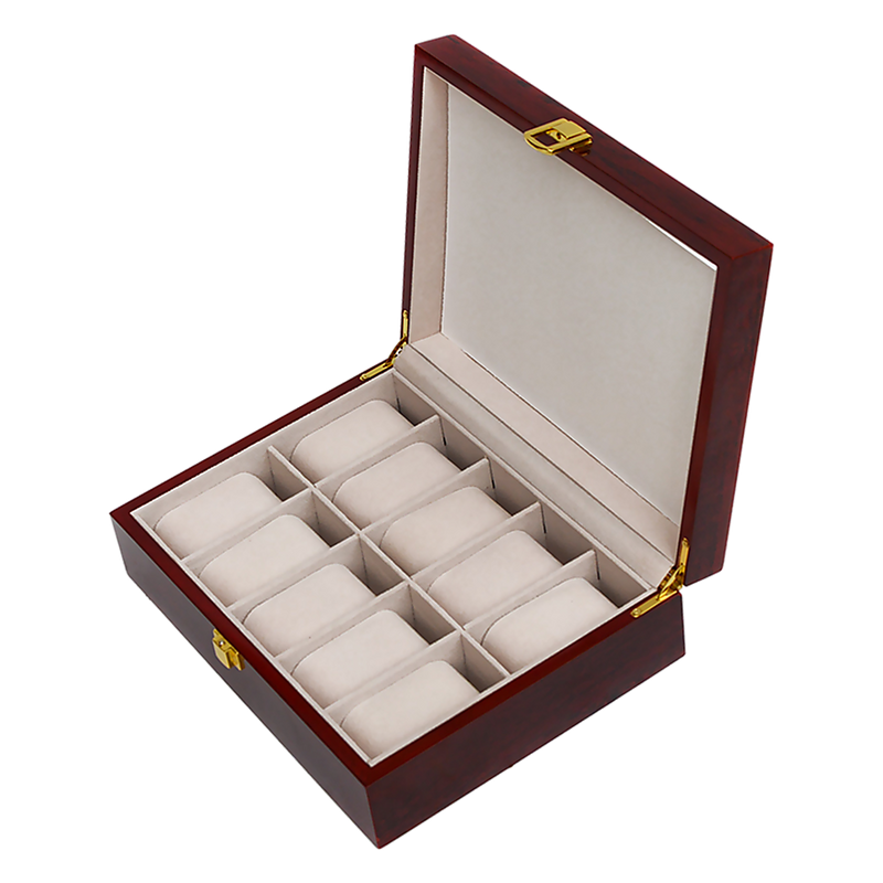 10 Grids Wooden Watch Case Glass Jewellery Storage Holder Box Wood Display