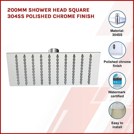 200mm Shower Head Square 304SS Polished Chrome Finish