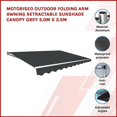 Motorised Outdoor Folding Arm Awning Retractable Sunshade Canopy Grey 5.0m x 2.5m