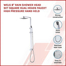 WELS 8" Rain Shower Head Set Square Dual Heads Faucet High Pressure Hand Held