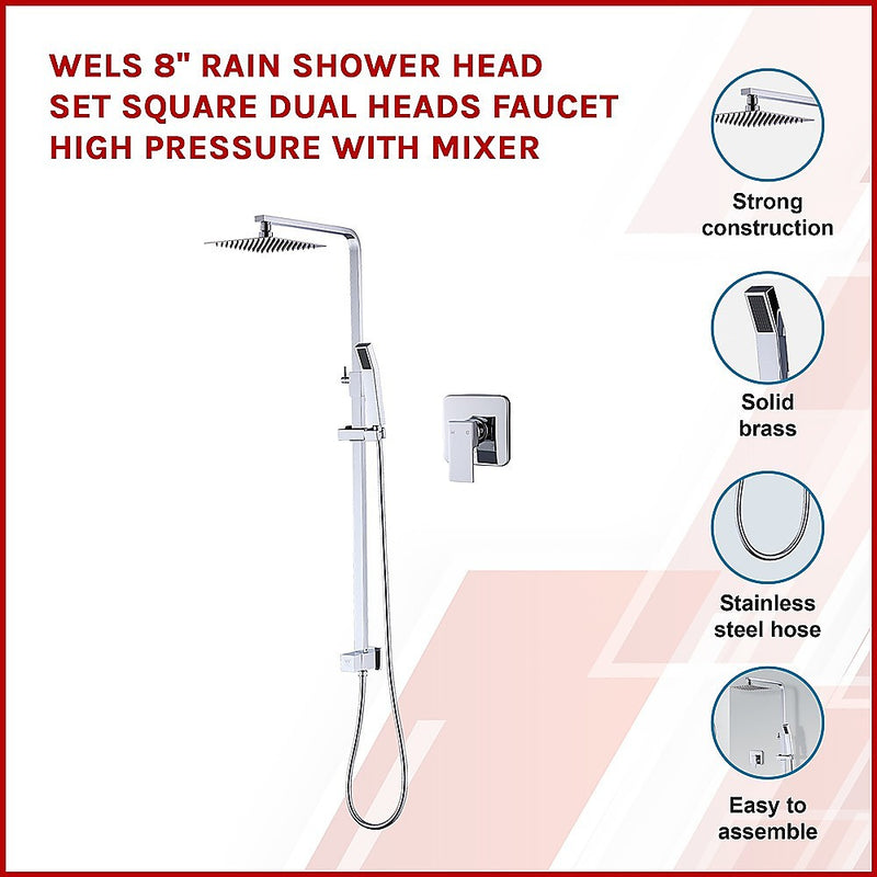 WELS 8" Rain Shower Head Set Square Dual Heads Faucet High Pressure With Mixer