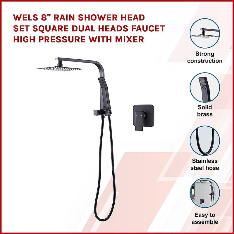 WELS 8" Rain Shower Head Set Square Dual Heads Faucet High Pressure With Mixer