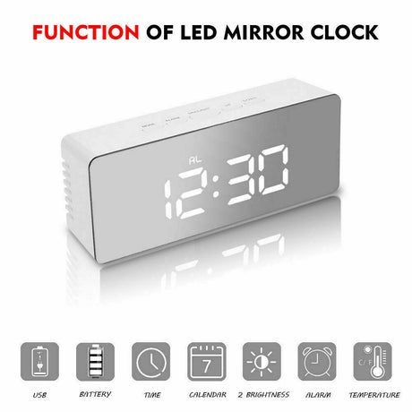 Digital LED Mirror Alarm Clock Temperature LED Light Table Time Bedside Clock AU